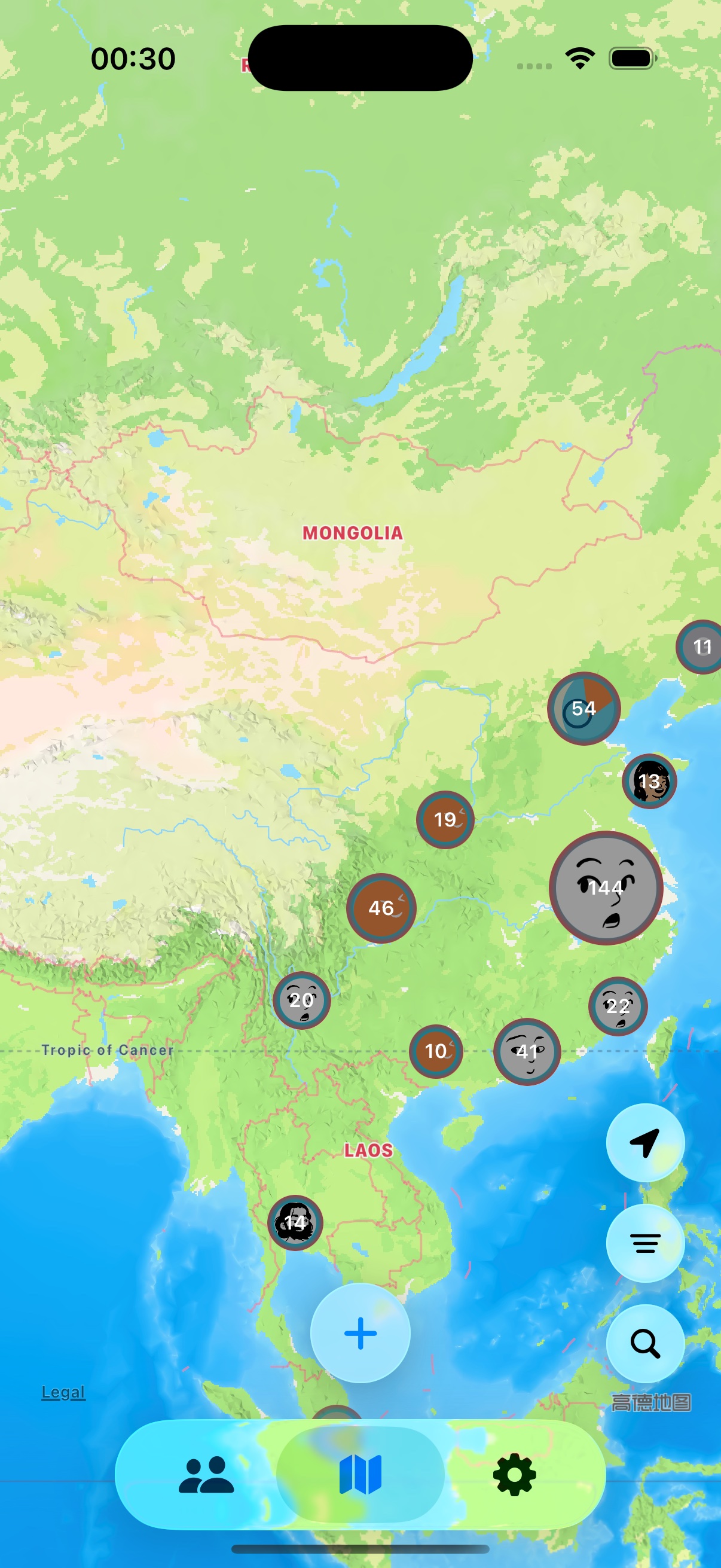 好友迹地图上的人物头像、聚合点和添加记录按钮